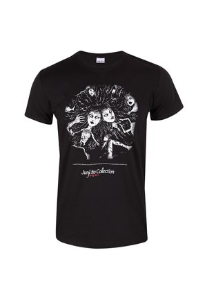 Černé bavlněné tričko s živým bílým grafickým designem stylizovaných tváří s dlouhými vlasy. Pod uměním je text "Junji Ito Collection".