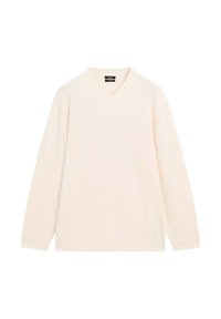 Maglione color crema a scollatura a V realizzato in morbido tessuto a maglia; presenta maniche lunghe e polsini e orlo a coste. Nessun motivo o hardware visibile.