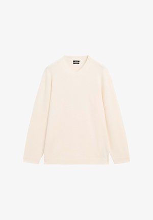 Cremfarbener V-Ausschnitt-Pullover aus weichem Strickmaterial; mit langen Ärmeln und gerippten Bündchen und Saum. Keine sichtbaren Muster oder Beschläge.