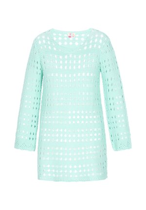 Mintgroene gebreide tuniek met een losse pasvorm, voorzien van een netachtig ontwerp en lange mouwen. Opvallend zijn het open haakpatroon.