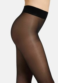 Calze nere trasparenti con un ampio elastico in vita, caratterizzate da una texture liscia e un design aderente dalla vita alle cosce.