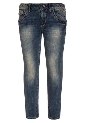 Blauwe vervaagde slim-fit jeans met voorzakken, riemlussen en knoopsluiting bij de taille.