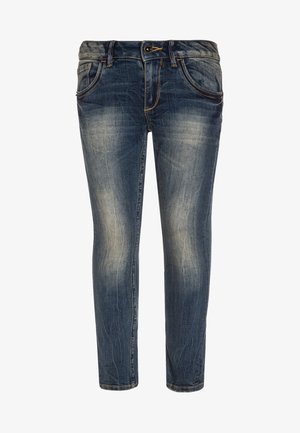 Jean slim délavé bleu avec poches avant, passants de ceinture et fermeture à bouton à la taille.