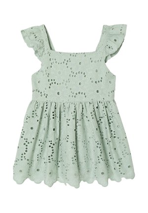 Light green eyelet lace toddler dress with ruffled cap sleeves and gathered skirt with scalloped hem.