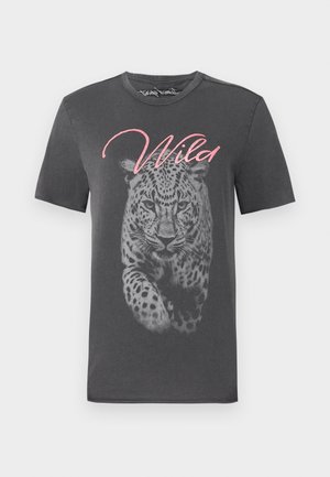 Gray short-sleeve t-shirt featuring a large leopard graphic and "Wild" in pink script. Made of soft cotton with a crew neckline.