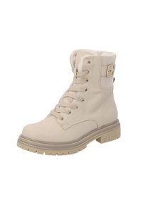 Botas de tobillo beige con cordones, forradas de piel sintética, con una correa con hebilla de metal y una suela de goma con tacos pronunciados para mayor tracción.