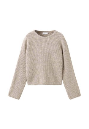 Pull beige en maille côtelée avec manches longues et col rond, présenté à plat sur fond blanc.