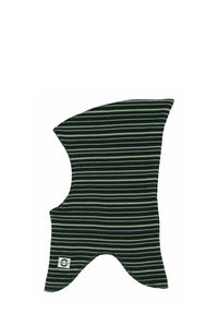 Scaldacollo a righe con cappuccio in verde scuro e grigio chiaro. Realizzato in tessuto morbido con bordi angolari e una piccola etichetta del logo sul lato.