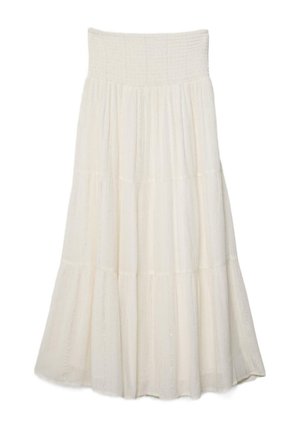 Langer cremefarbener Rock mit Stufen, gerafftem Bund und dezenten strukturierten vertikalen Streifen.