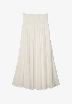 Langer cremefarbener Rock mit Stufen, gerafftem Bund und dezenten strukturierten vertikalen Streifen.