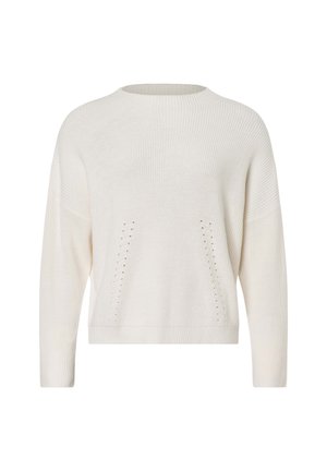 Maglione bianco a maglia con scollatura rotonda, texture a coste e due piccoli fori decorativi sopra le tasche. Maniche lunghe e dalla vestibilità ampia.