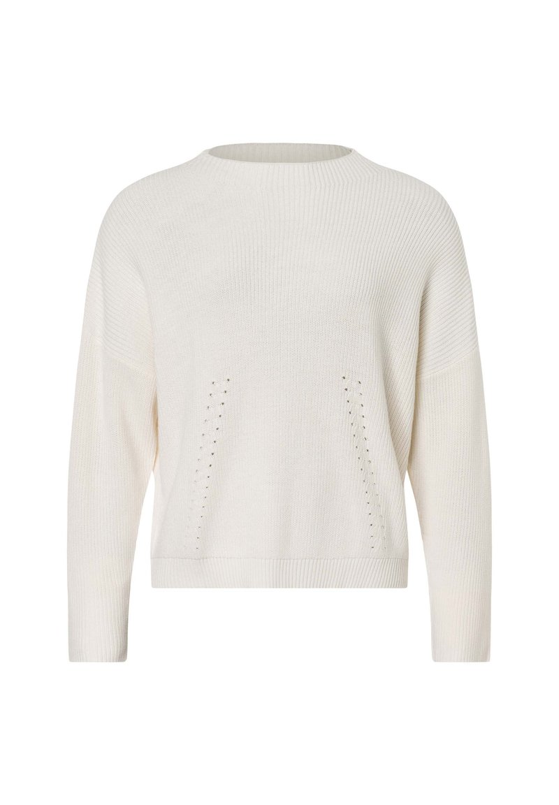 Maglione bianco a maglia con scollatura rotonda, texture a coste e due piccoli fori decorativi sopra le tasche. Maniche lunghe e dalla vestibilità ampia.