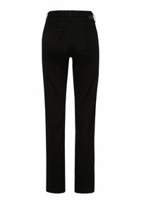 Black denim trousers with a straight-leg fit, featuring two back pockets, belt loops, and a smooth texture. No visible patterns or hardware.