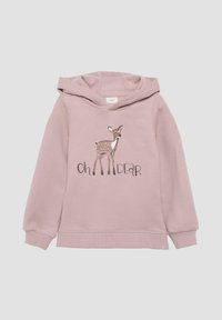 Roze hoodie met een hertgrafiek en de tekst "Oh DEAR". Heeft lange mouwen, een zachte textuur en ribgebreide manchetten en zoom.