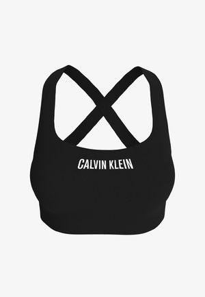 Fekete Calvin Klein sportmelltartó keresztpántokkal a háton és fehér márkajelzéssel elöl, középen.