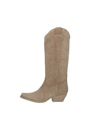 Beige suède cowboylaarzen met een toegespitste neus, lage blokhak en decoratieve stiksels die op veren lijken op de schacht.