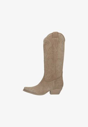 Botte de cowboy en suédine beige avec un bout effilé, un petit talon bloc et une couture décorative ressemblant à des plumes sur la tige.