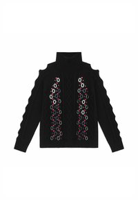 Pull en maille noire avec un col haut et des épaules dénudées, orné d'embellissements circulaires colorés et d'un motif losange texturé.