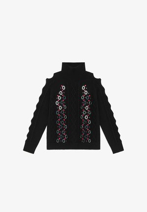 Pull en maille noire avec un col haut et des épaules dénudées, orné d'embellissements circulaires colorés et d'un motif losange texturé.