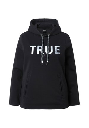 Zwarte hoodie met "TRUE" in reflecterend zilveren letters, voorzien van een capuchon met trekkoord en twee zijzakken. Zachte stof, relaxte pasvorm.