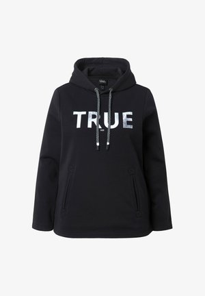Czarna bluza z kapturem z napisem "TRUE" w odblaskowym srebrnym kolorze, z kapturem na sznurki i dwiema bocznymi kieszeniami. Miękki materiał, luźny krój.
