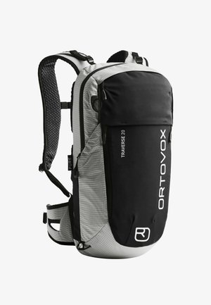 Black and gray backpack with a grid pattern, adjustable straps, and a front pocket. Features logo and organizational compartments. Lightweight design.