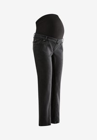 Jean de maternité noir avec une ceinture extensible et une jambe légèrement fuselée, conçu pour accueillir un ventre de femme enceinte.