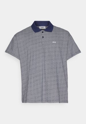 Kurzärmeliges navyfarbenes Poloshirt mit geometrischem Muster, navyfarbenem Kragen, Zweiknopfleiste und kleinem weißem OBEY-Logo auf der Brust.