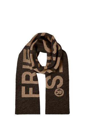 Donkerbruine gebreide sjaal met grote lichtbruine tekst en logo. Zachte textuur met een rechthoekige vorm, geschikt voor casual wear.