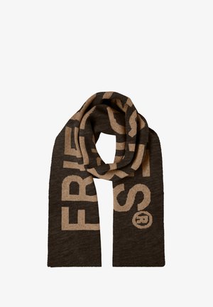 Donkerbruine gebreide sjaal met grote lichtbruine tekst en logo. Zachte textuur met een rechthoekige vorm, geschikt voor casual wear.