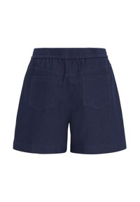 Short décontracté bleu marine avec taille élastique et deux poches plaquées à l’arrière, en tissu texturé.
