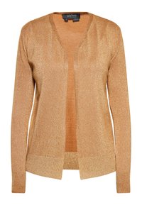 Cardigan dorato brillante con scollatura a V, apertura frontale, maniche lunghe e orlo dritto. Realizzato in tessuto morbido e strutturato con un leggero luccichio.