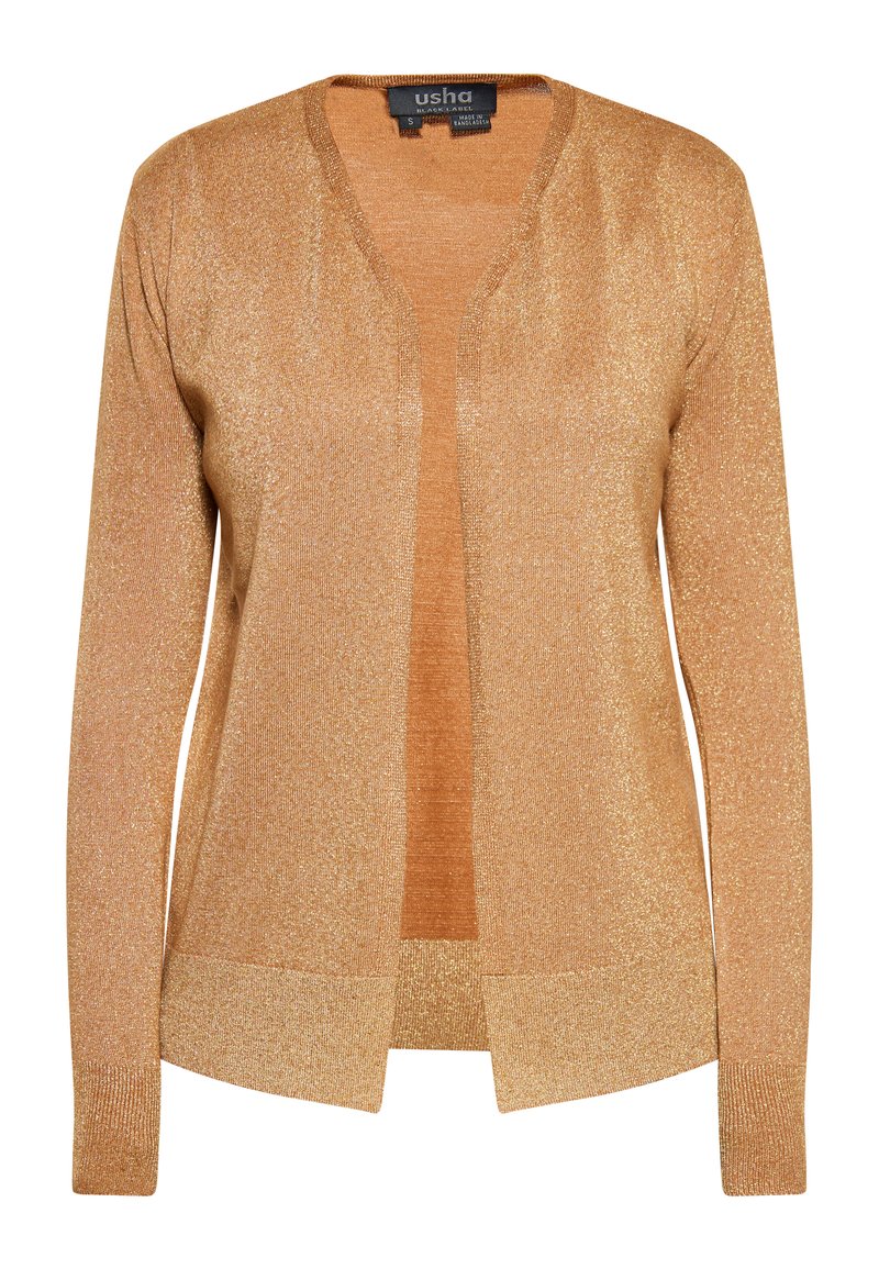 Cardigan dorato brillante con scollatura a V, apertura frontale, maniche lunghe e orlo dritto. Realizzato in tessuto morbido e strutturato con un leggero luccichio.