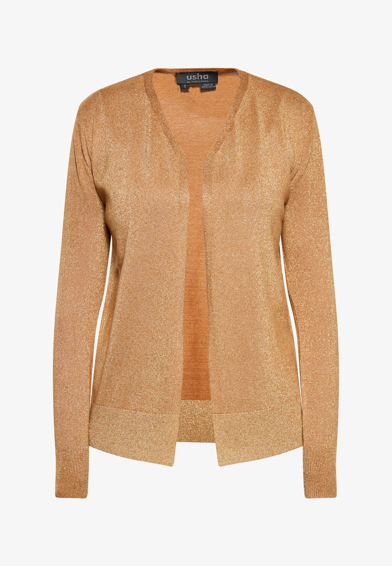 Goldschimmer-Cardigan mit V-Ausschnitt, offenem Front, langen Ärmeln und geradem Saum. Hergestellt aus weichem, strukturiertem Stoff mit dezentem Glitzer.