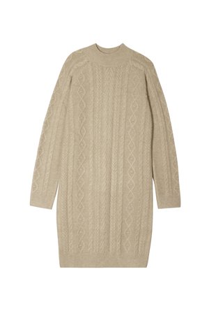 Beżowa dzianinowa sukienka sweterkowa z wysokim dekoltem, długimi rękawami i teksturowanymi wzorami w warkocze na całej powierzchni. Zaprojektowana z myślą o luźnym fasonie.