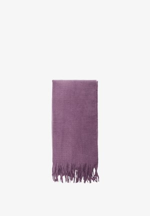 Violetti huivi, joka on valmistettu pehmeästä materiaalista, ja siinä on sileä pinta sekä fringed-reunat. Mitat noin 180 cm x 70 cm.