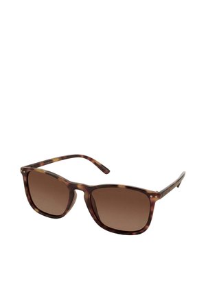 Sonnenbrille mit Schildpattmuster, braun getönten rechteckigen Gläsern und dünnen, gebogenen Bügeln.