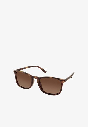 Sonnenbrille mit Schildpattmuster, braun getönten rechteckigen Gläsern und dünnen, gebogenen Bügeln.