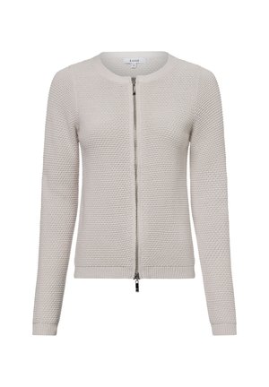 Hellgraue Strickjacke mit rundem Ausschnitt und durchgehendem Reißverschluss. Sie verfügt über ein strukturiertes Muster und gerippte Bündchen sowie Saum.