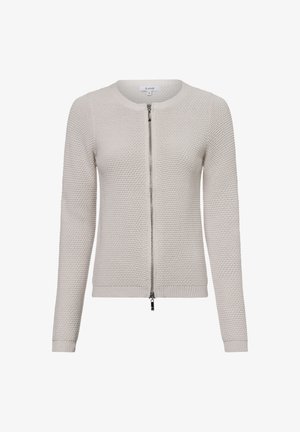 Hellgraue Strickjacke mit rundem Ausschnitt und durchgehendem Reißverschluss. Sie verfügt über ein strukturiertes Muster und gerippte Bündchen sowie Saum.