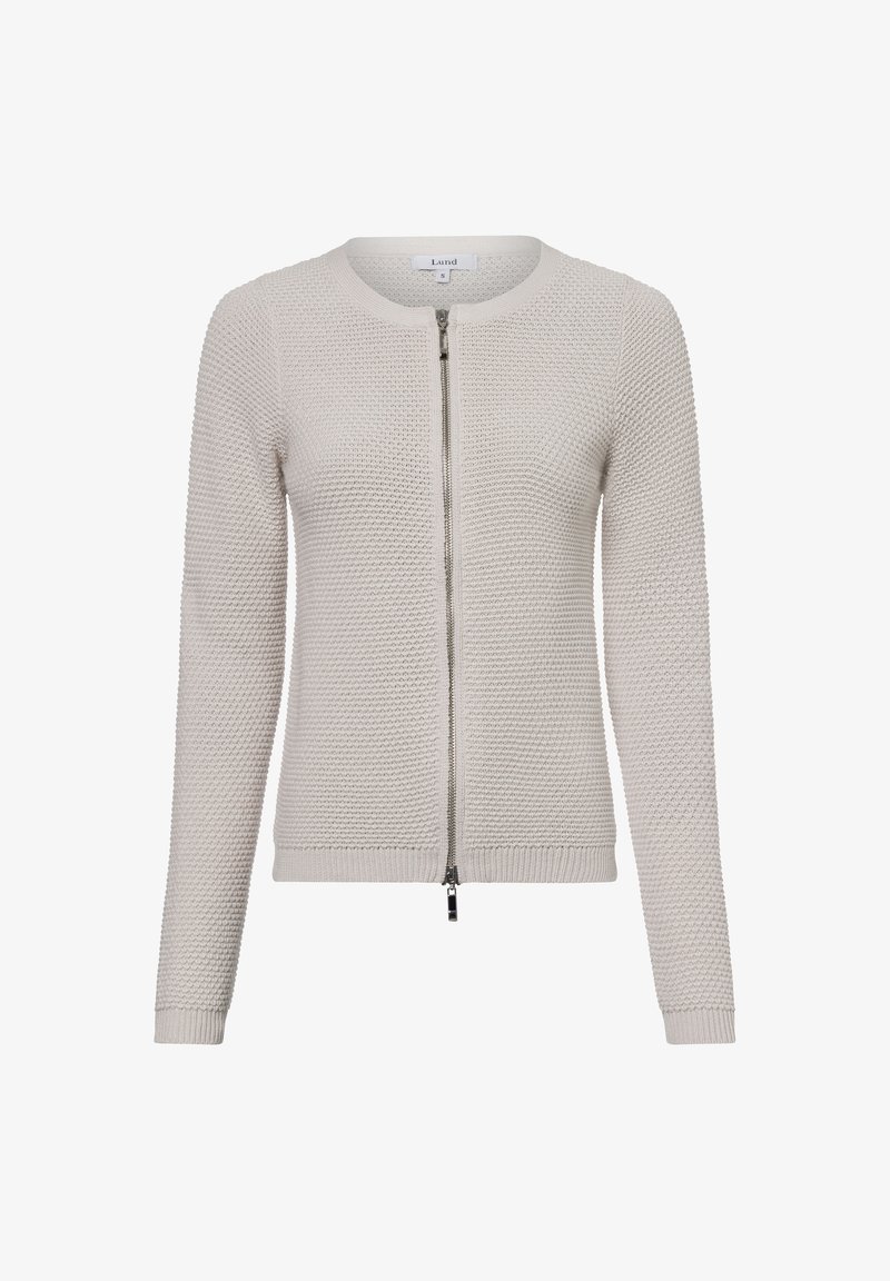 Lichtgrijze gebreide cardigan met een ronde hals en volle rits aan de voorkant. Heeft een gestructureerd patroon en geribbelde manchetten en zoom.