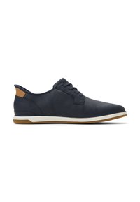 Navy leather sneaker with a textured finish, white midsole, and tan accent at the heel. Features a classic lace-up design.