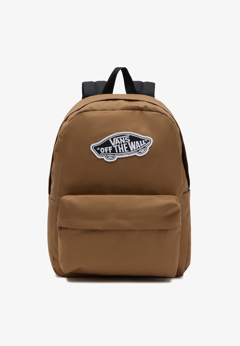 Ruskea reppu, joka on valmistettu kestävästä kankaasta ja jossa on etutasku, mustat hihnat sekä Vansin "Off the Wall" -logopainatus.