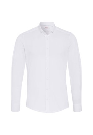Witte lange mouwen knoopshirt met een spitse kraag, gemaakt van gladde stof. Heeft een knoopsluiting en een getailleerde pasvorm.