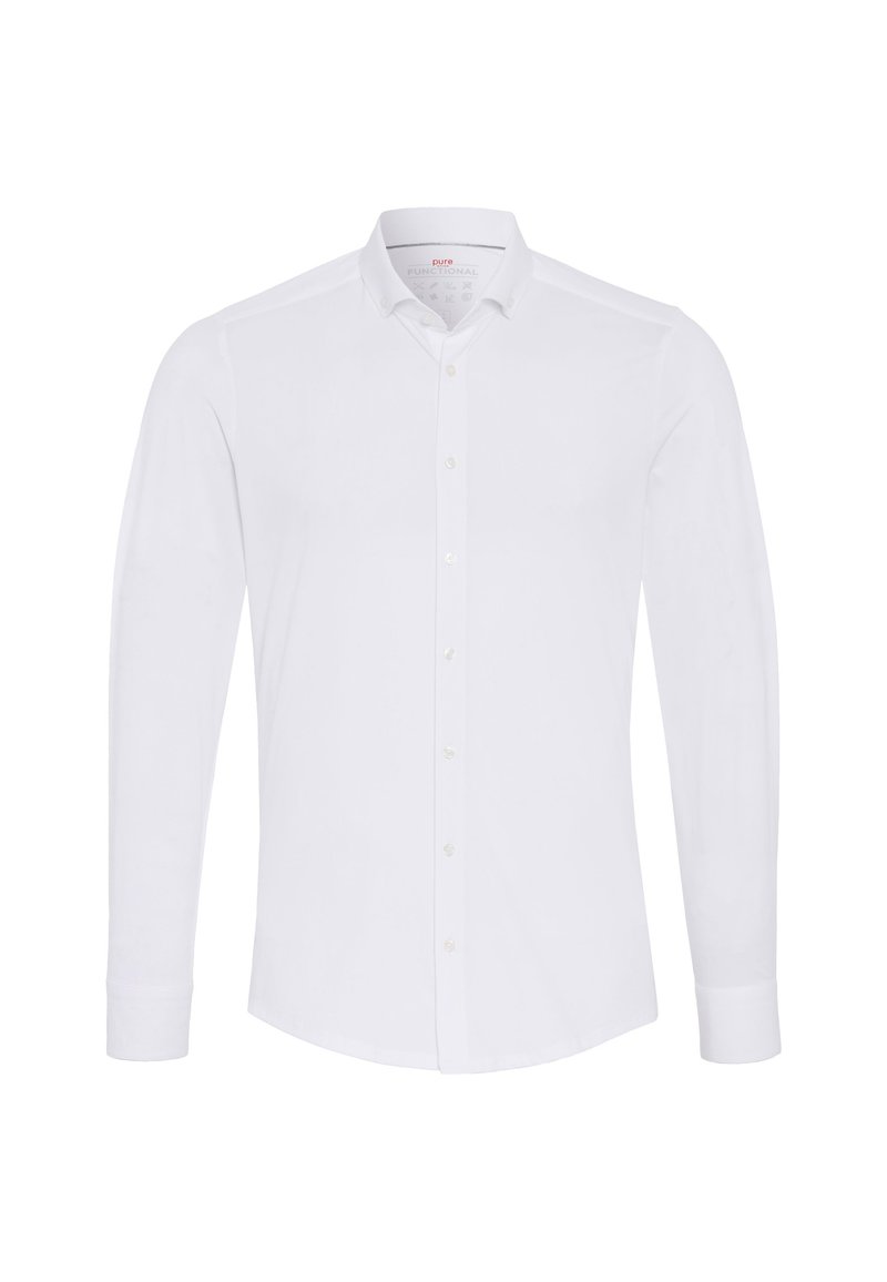 Witte lange mouwen knoopshirt met een spitse kraag, gemaakt van gladde stof. Heeft een knoopsluiting en een getailleerde pasvorm.