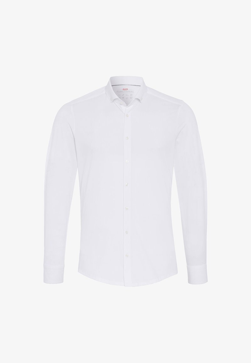 Witte lange mouwen knoopshirt met een spitse kraag, gemaakt van gladde stof. Heeft een knoopsluiting en een getailleerde pasvorm.