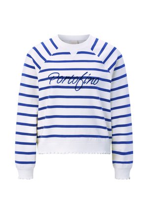 Biała bluza z niebieskimi poziomymi paskami i wyszywanym kursywą napisem "Portofino" na piersi, z ściągaczami przy mankietach i na dole.