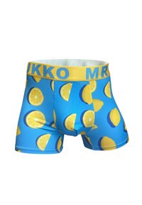 Blauwe boxershorts met een citroenenprint, met gele en blauwe accenten op de tailleband. Gemaakt van rekbaar materiaal voor comfort.