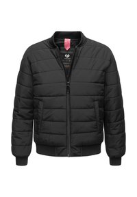 Schwarze gepolsterte Jacke mit einem Reißverschluss, gerippten Ärmelbündchen und Saum, zwei seitlichen Taschen und einem kontrastierenden gemusterten Futter.