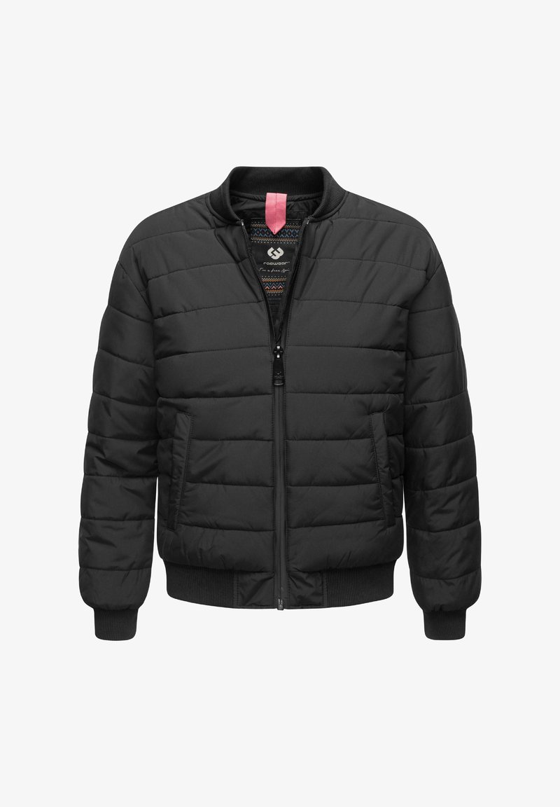 Czarna pikowana kurtka z zapięciem na zamek, ściągaczami przy mankietach i u dołu, dwoma bocznymi kieszeniami oraz kontrastową wzorzystą podszewką.